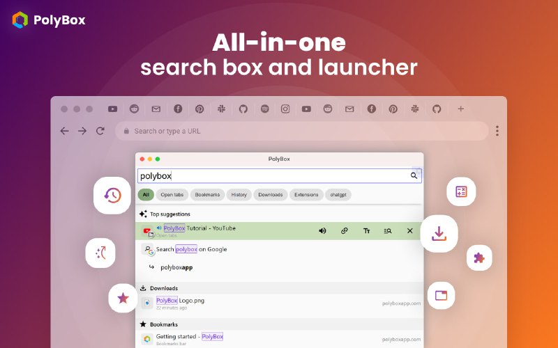 PolyBox疯狂推荐一个 Chrome 扩展，它相当于是 Chrome 浏览器中的 uTools可以在浏览器内用快捷键 Ctrl+. 调出搜索框，搜索历史记录/书签/标签页/下载记录/短网址跳转等等等等可以说是一款必备效率利器了！！Chrome Web Store 下载快速入门指南#Chrome扩展